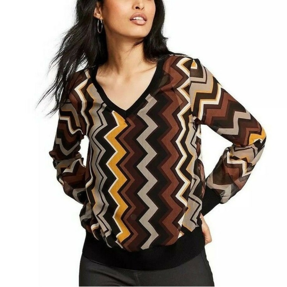 Missoni Sheer Long Sleeve Zig Zag Print Sheer Chiffon Top M